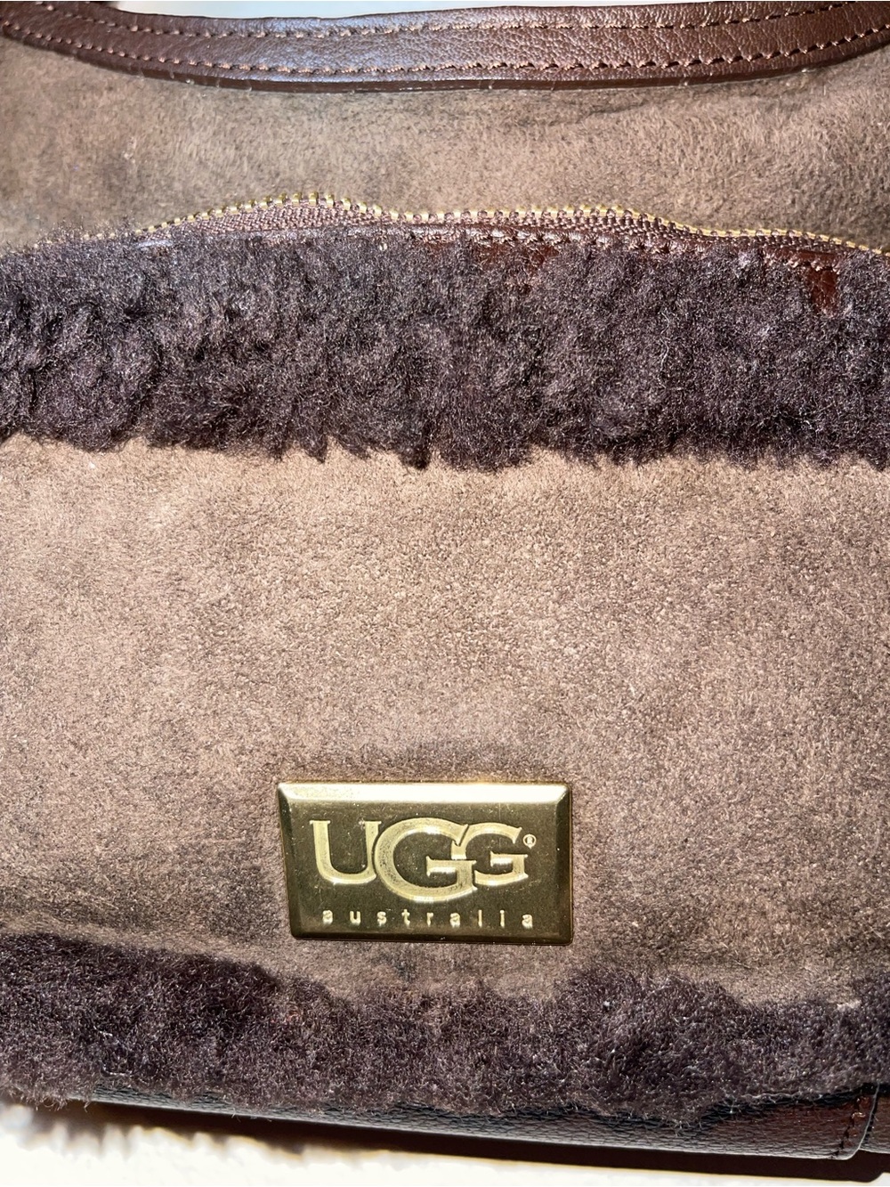 UGG Women's Dark Brown Suede Shoulder Bag with Shearling Trim